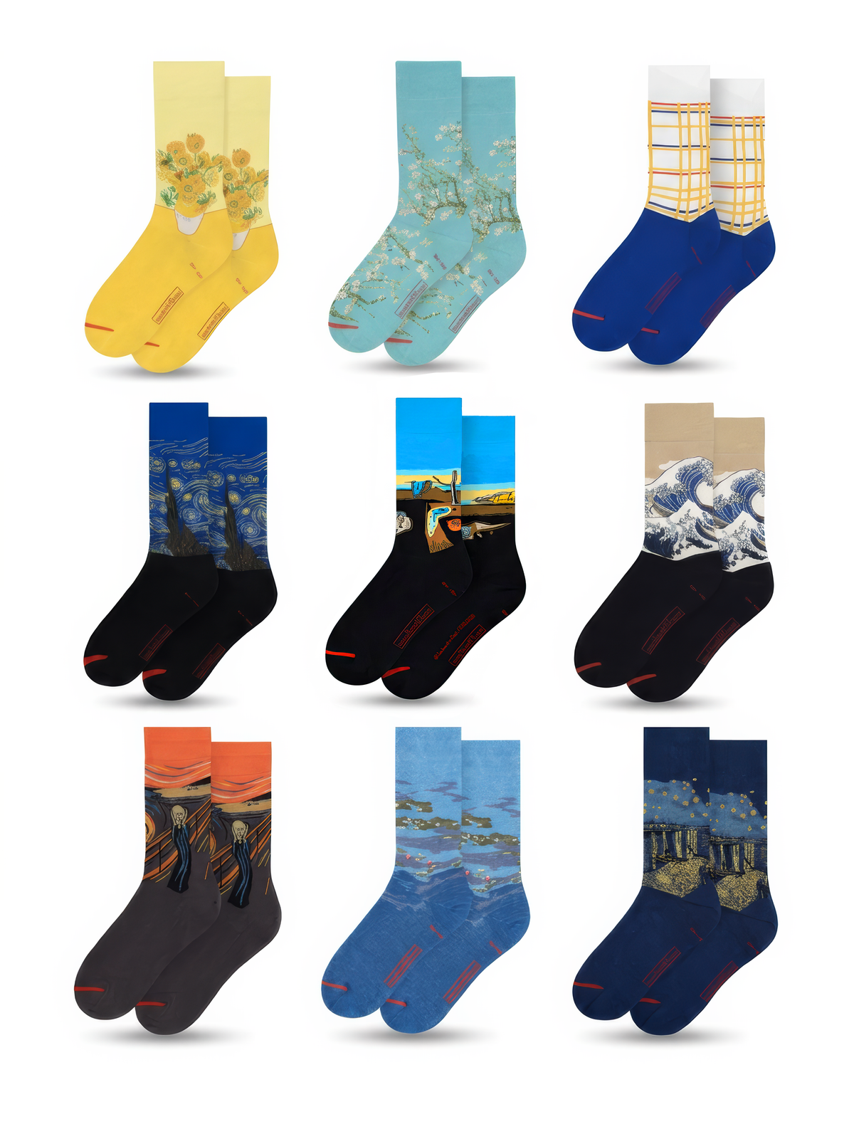 Nine different pairs of XL art socks arranged in a three-by-three grid on a white background