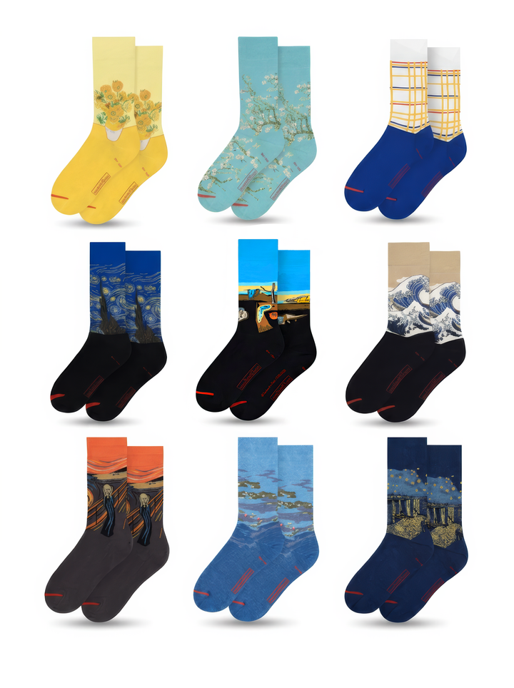 Nine different pairs of XL art socks arranged in a three-by-three grid on a white background