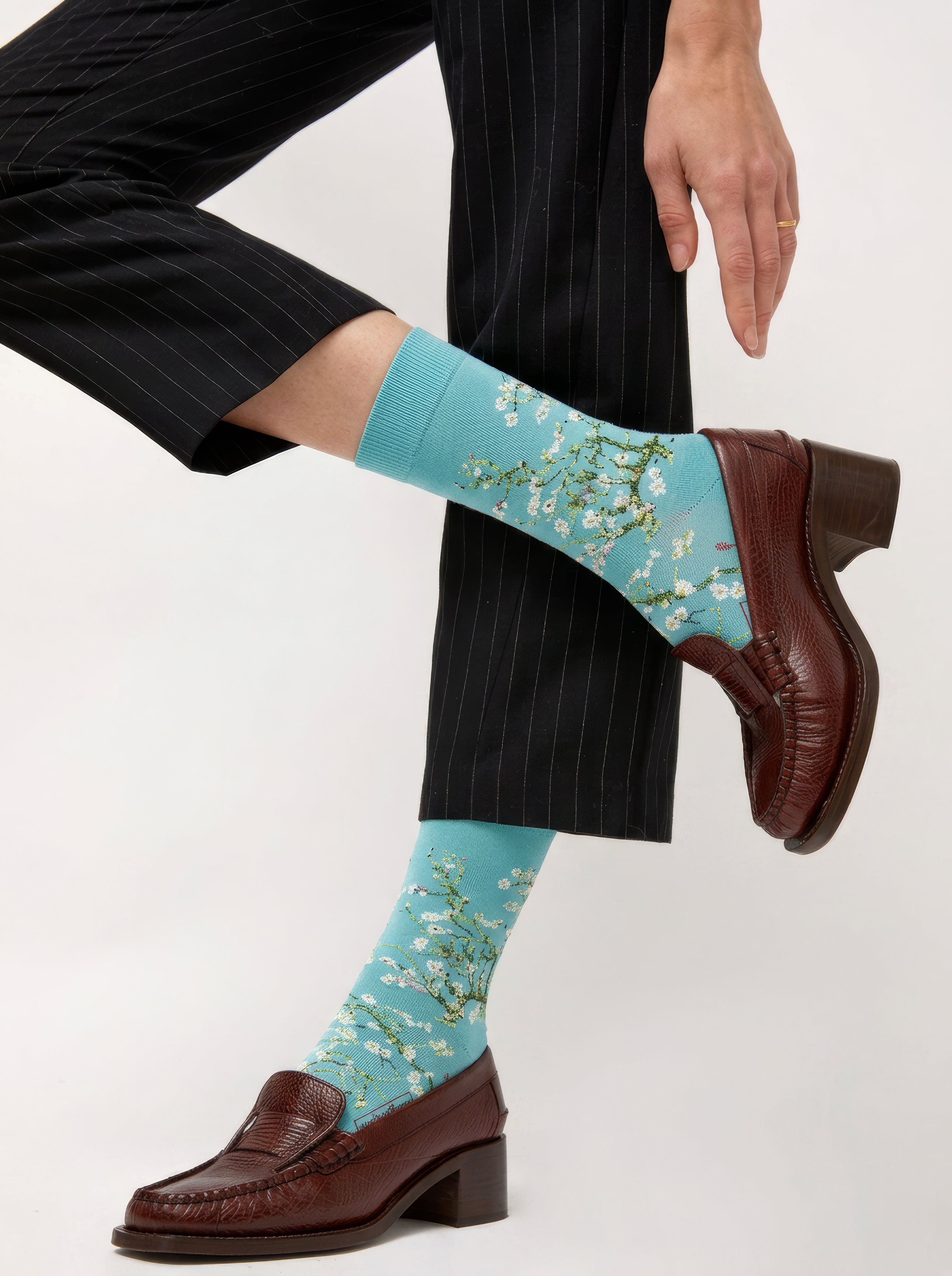 Van Gogh Almond Blossom art socks worn with brown loafers and pinstripe suit – museum art gift from ArtyGifts
