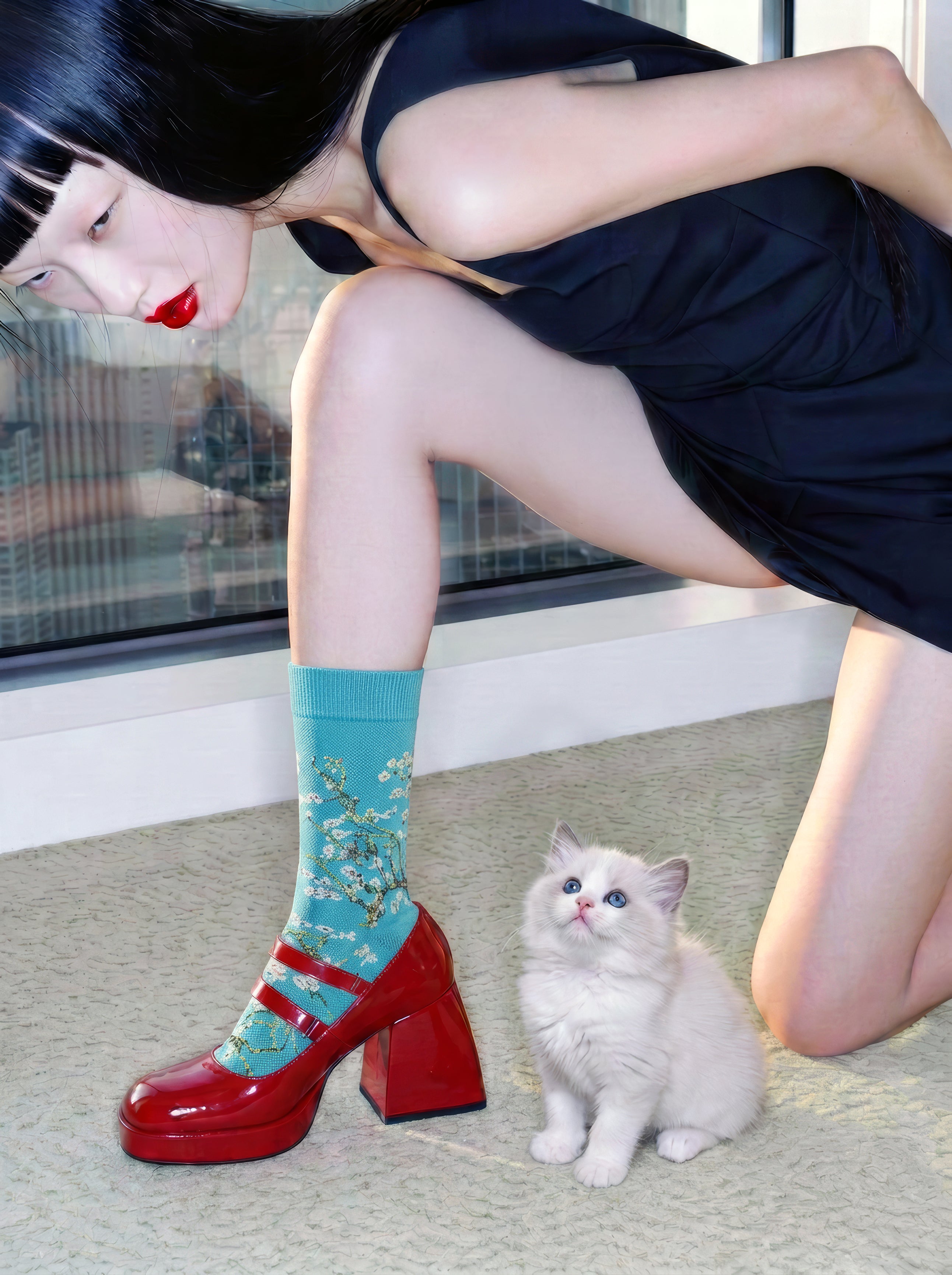 Van Gogh Almond Blossom art socks worn with red Mary Janes and white kitten – museum art gift from ArtyGifts
