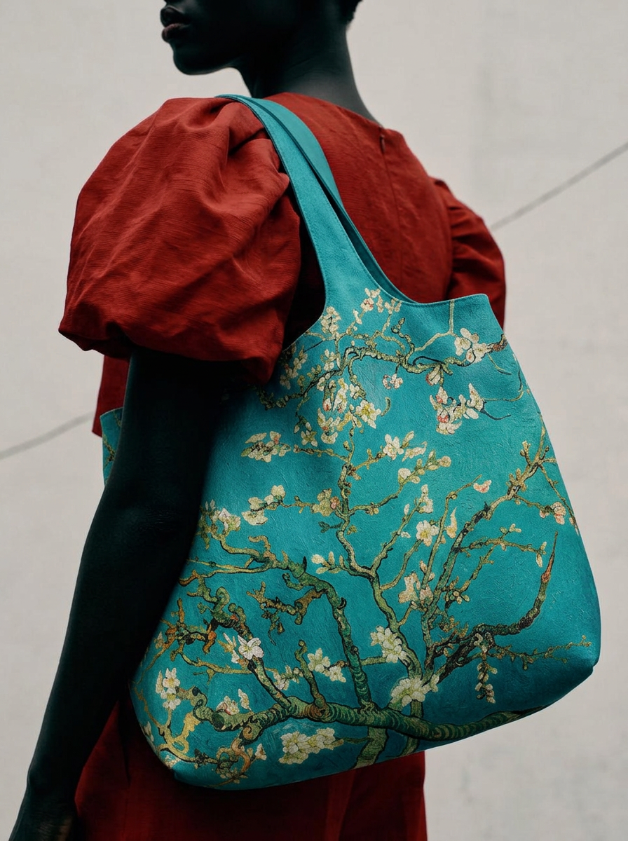 Side view of Van Gogh Almond Blossom foldable shopper bag on model – lightweight museum art tote from ArtyGifts
