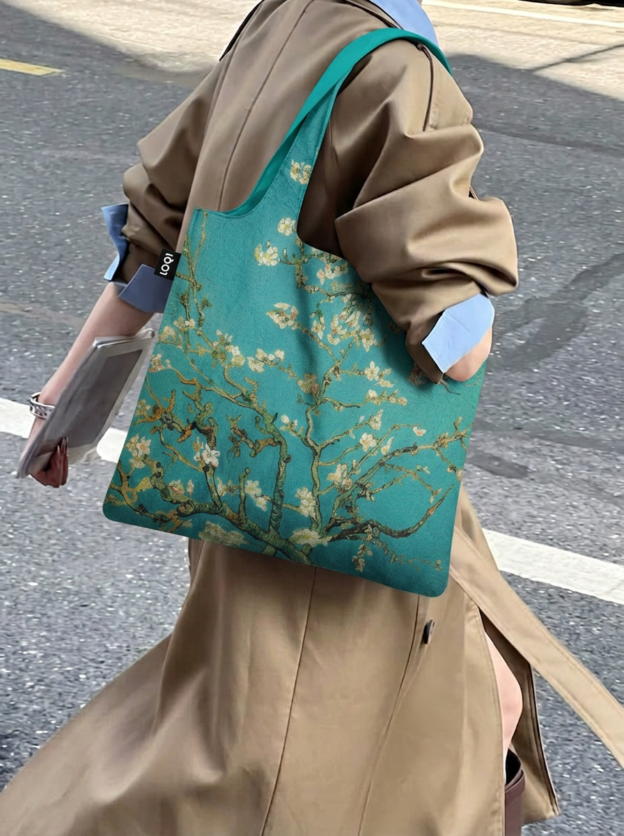 Van Gogh Almond Blossom foldable shopper bag worn outdoors by model in beige outfit – sustainable museum gift from ArtyGifts