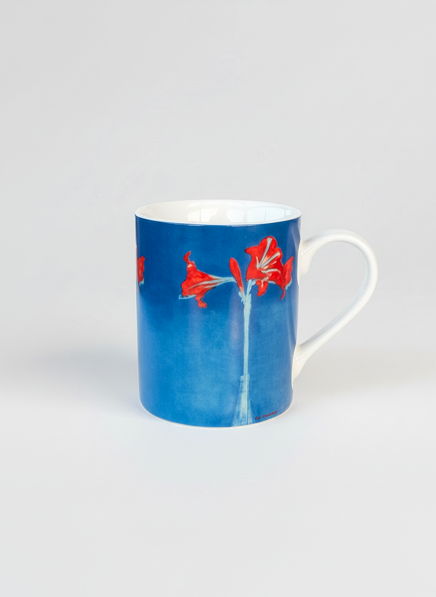 Mondrian Amaryllis porcelain mug front view – blue floral art design, ArtyGifts