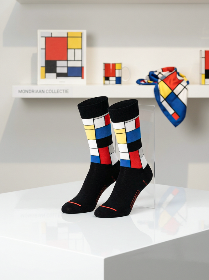 Art Socks Composition with Red, Blue and Yellow Piet Mondrian – displayed in museum shop | ArtyGifts
