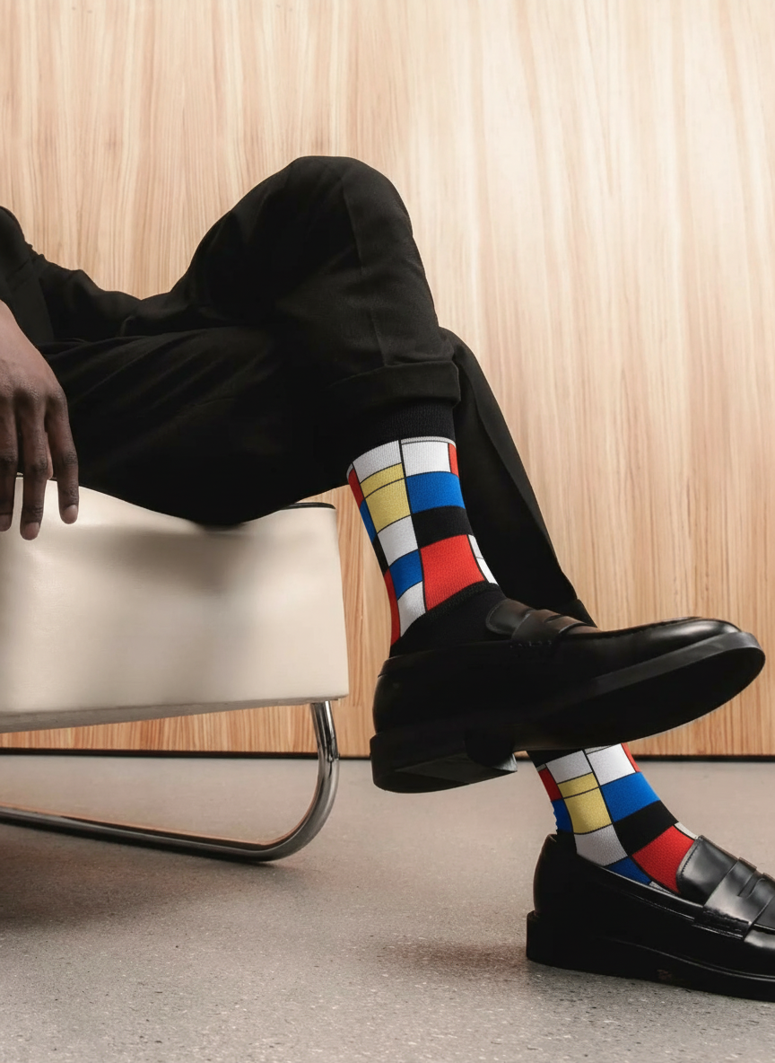 Art Socks Composition with Red, Blue and Yellow Piet Mondrian – lifestyle shot | ArtyGifts
