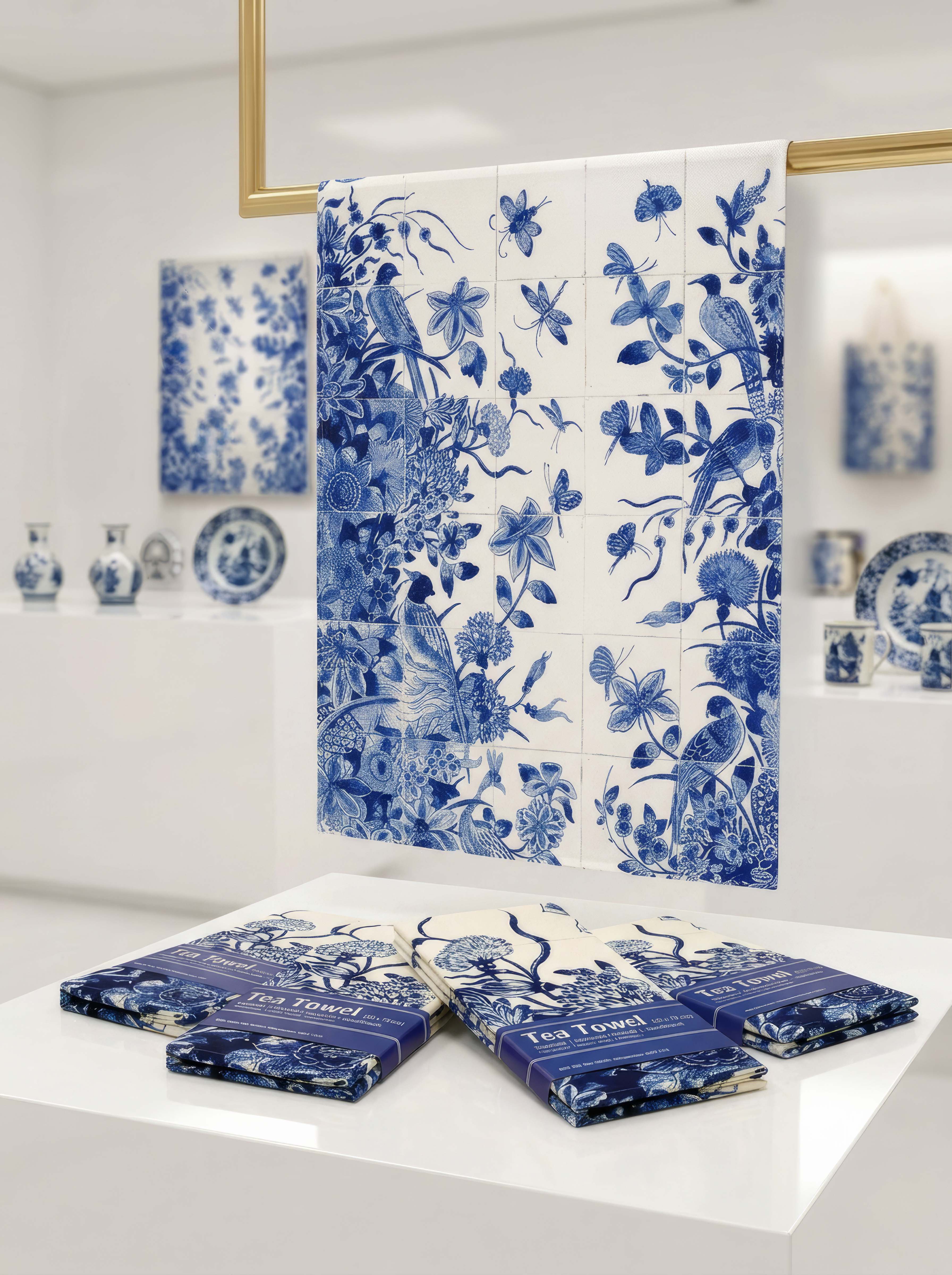 Delft Blue Birds tea towel set of 4 – Rijksmuseum Collection, floral and bird pattern displayed in museum gallery setting

