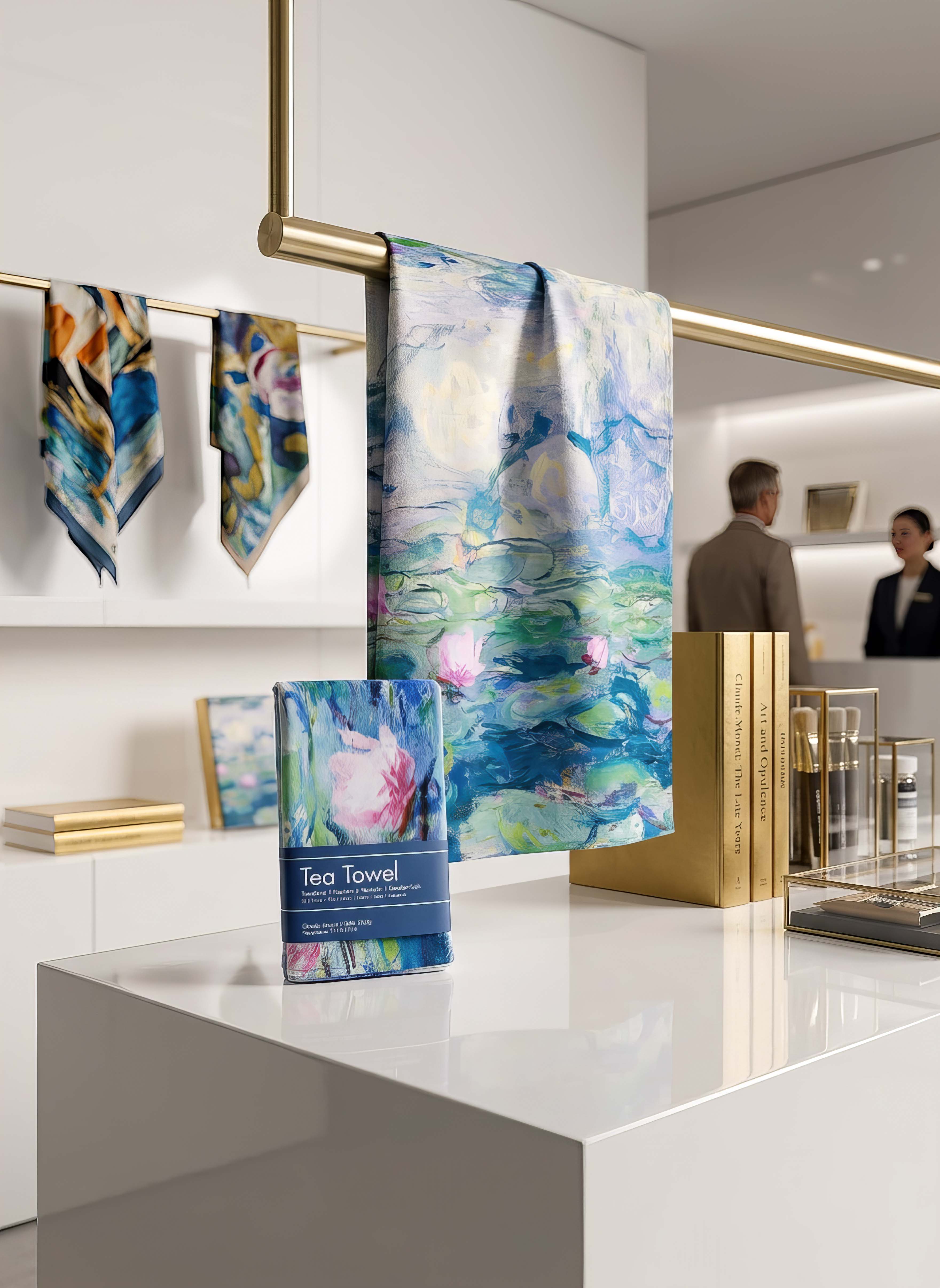 Monet Water Lilies tea towel set of 2 displayed in museum gallery setting
