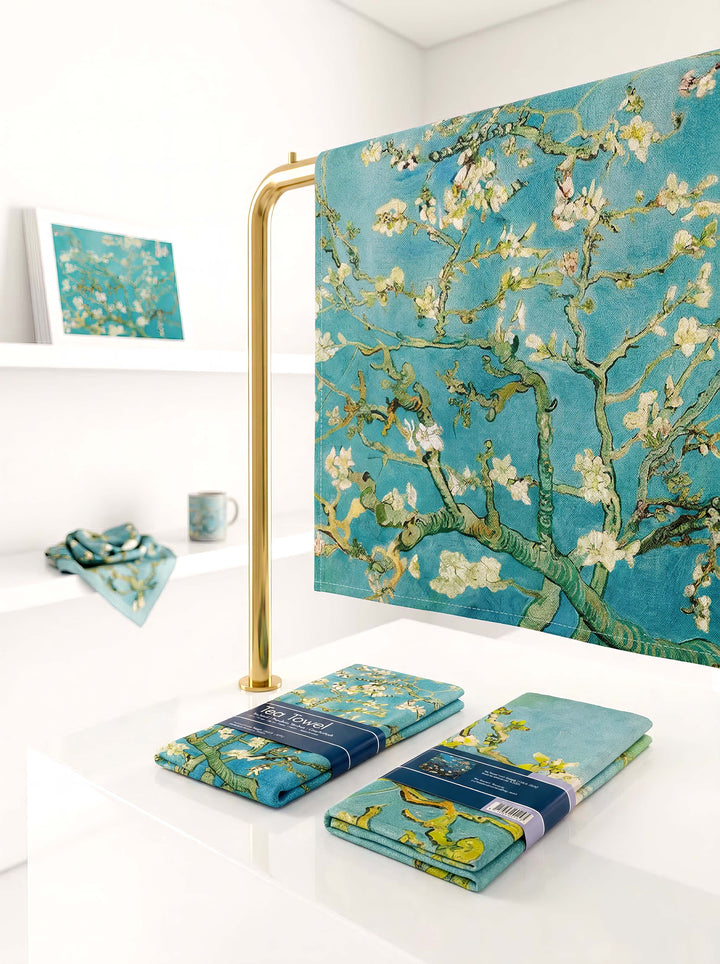 Almond Blossom tea towel set of 2 by Vincent van Gogh – museum lifestyle display | ArtyGifts
