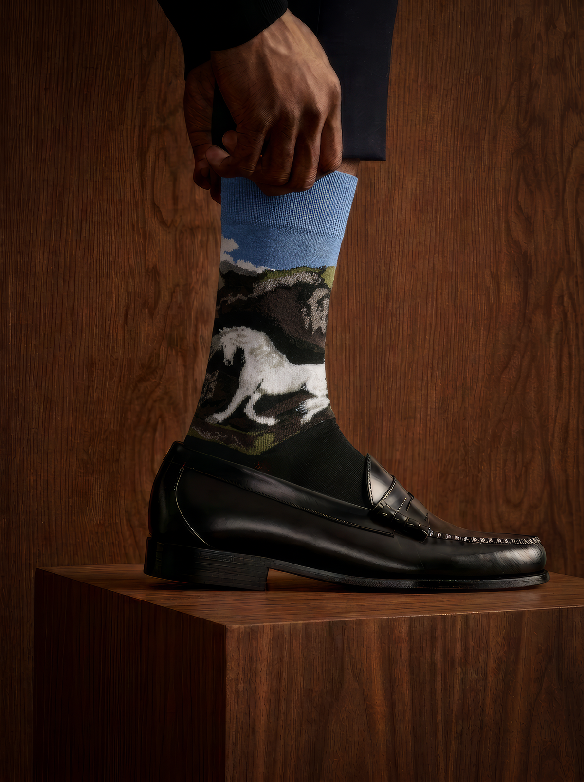 Close-up of a charcoal ArtyGifts sock with a pale blue cuff and horse artwork, worn with a black loafer against a wooden backdrop.