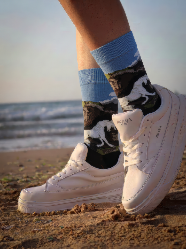 Person wearing charcoal ArtyGifts socks with pale blue cuffs and monochrome horse artwork, paired with white trainers on a sandy shore.