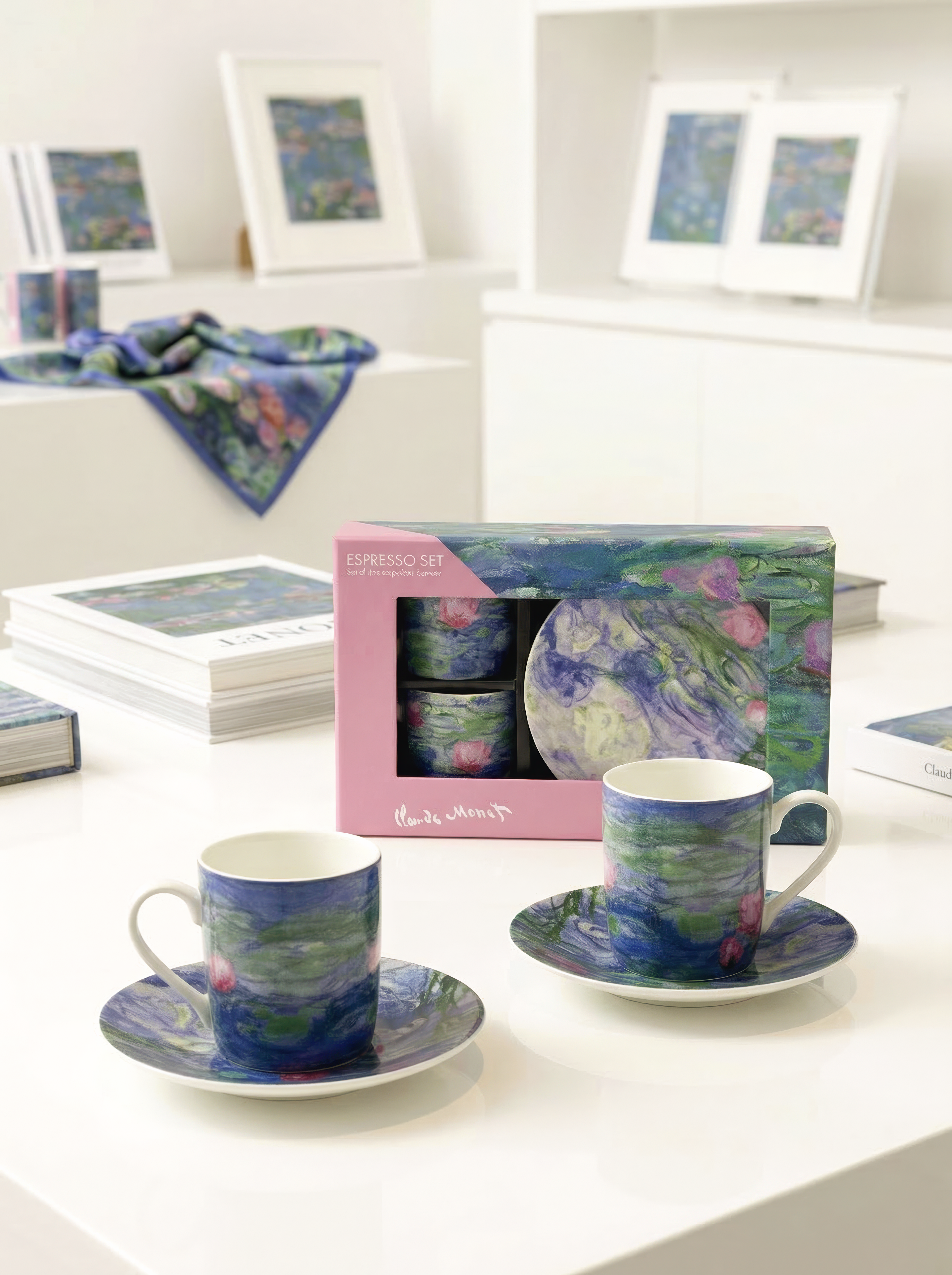 ArtyGifts espresso set Water Lilies by Claude Monet – gift box with 2 espresso cups and saucers on white table
