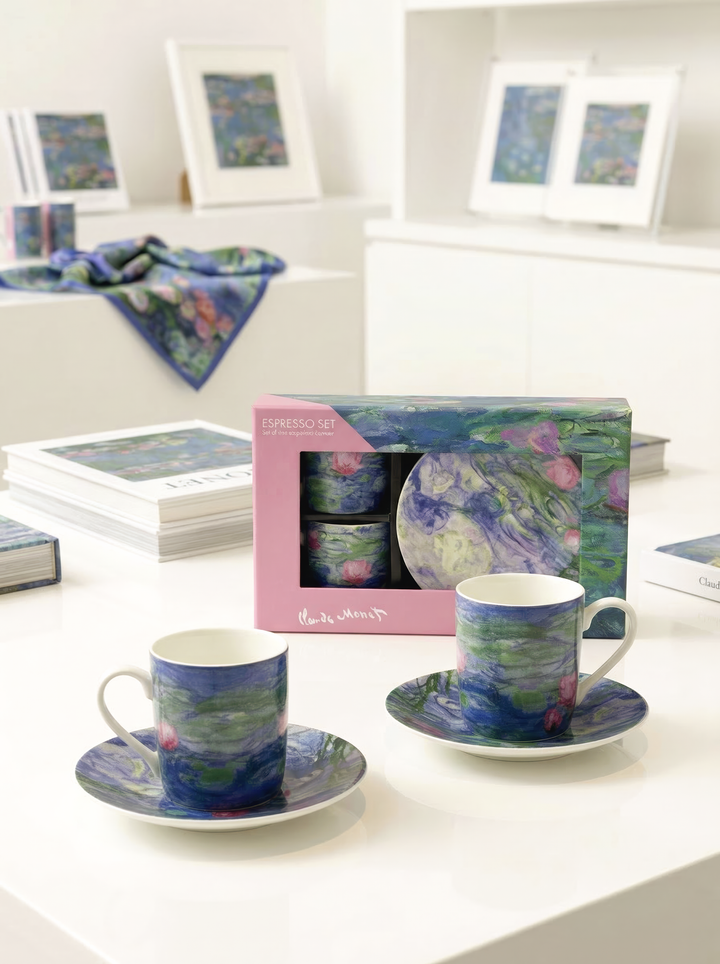 ArtyGifts espresso set Water Lilies by Claude Monet – gift box with 2 espresso cups and saucers on white table