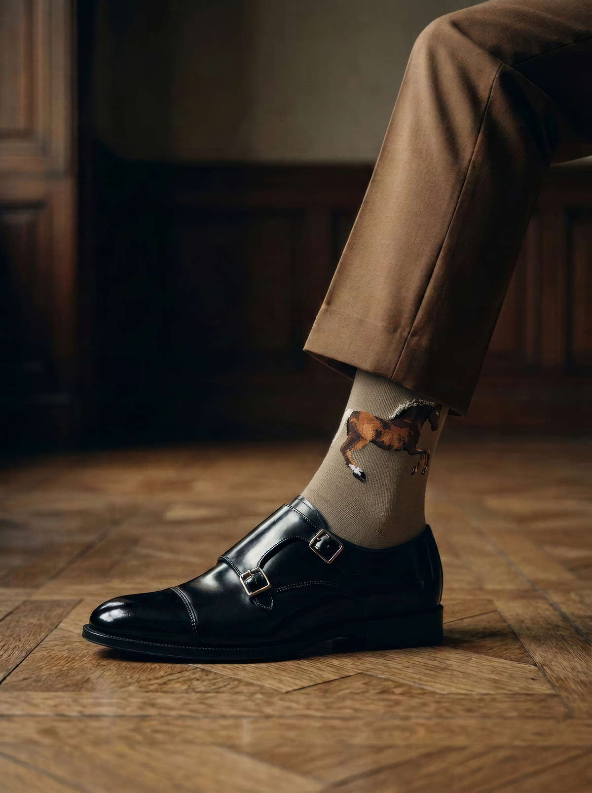 Close-up of a taupe ArtyGifts sock featuring George Stubbs’s horse artwork, worn with tan trousers and a black double monk strap shoe on a wooden floor.