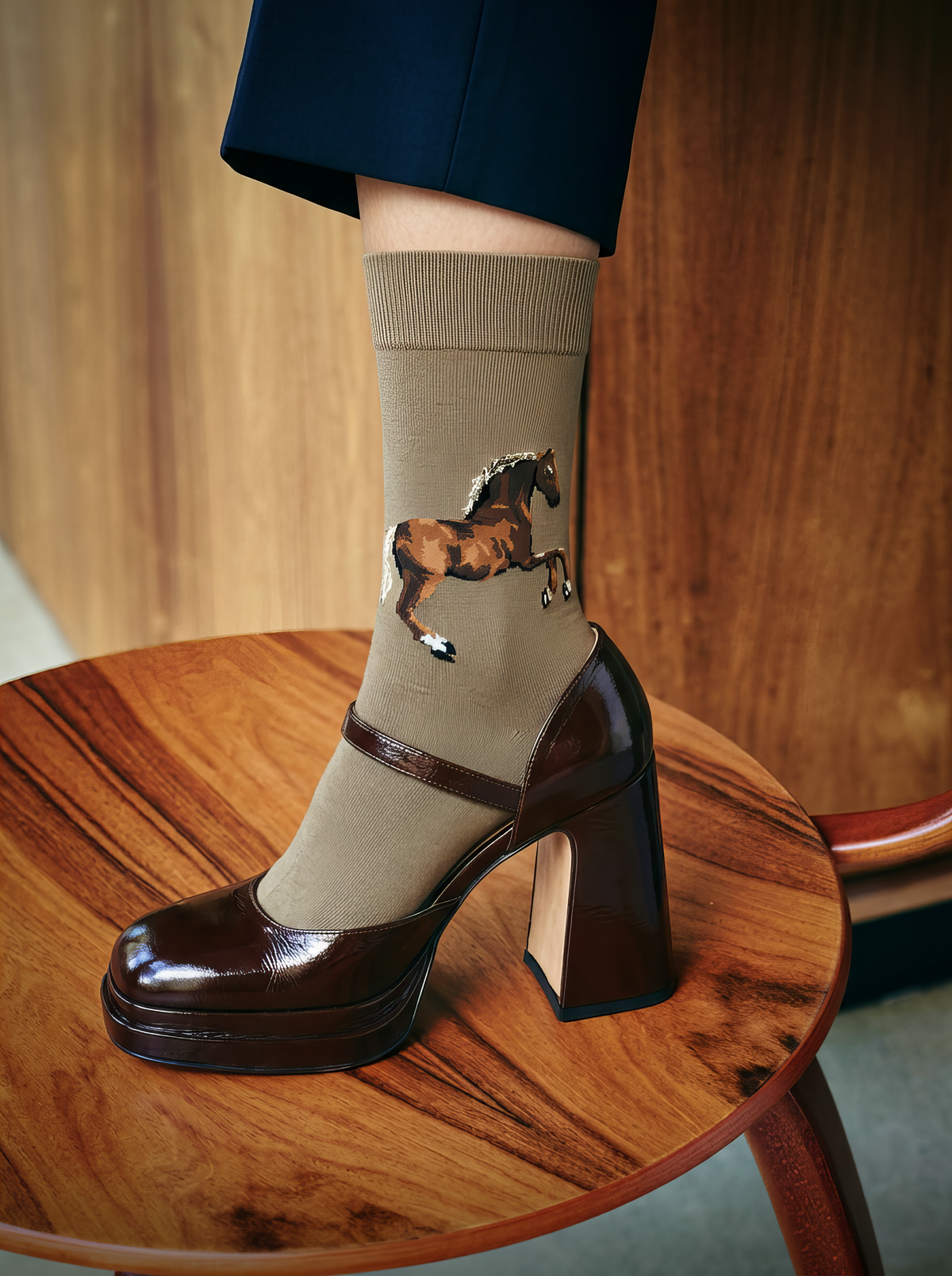 Close-up of a taupe ArtyGifts sock featuring George Stubbs’s horse artwork, styled with navy trousers and a dark platform heel on a wooden stool.