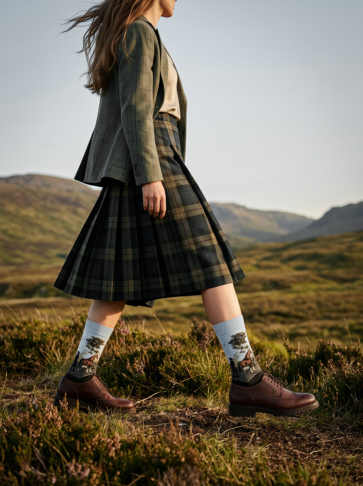Woman in a long dark coat walking through a grassy landscape, wearing charcoal grey ArtyGifts horse socks with pale blue cuffs and dark boots.