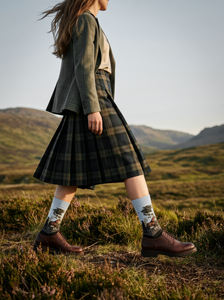 Woman in a long dark coat walking through a grassy landscape, wearing charcoal grey ArtyGifts horse socks with pale blue cuffs and dark boots.