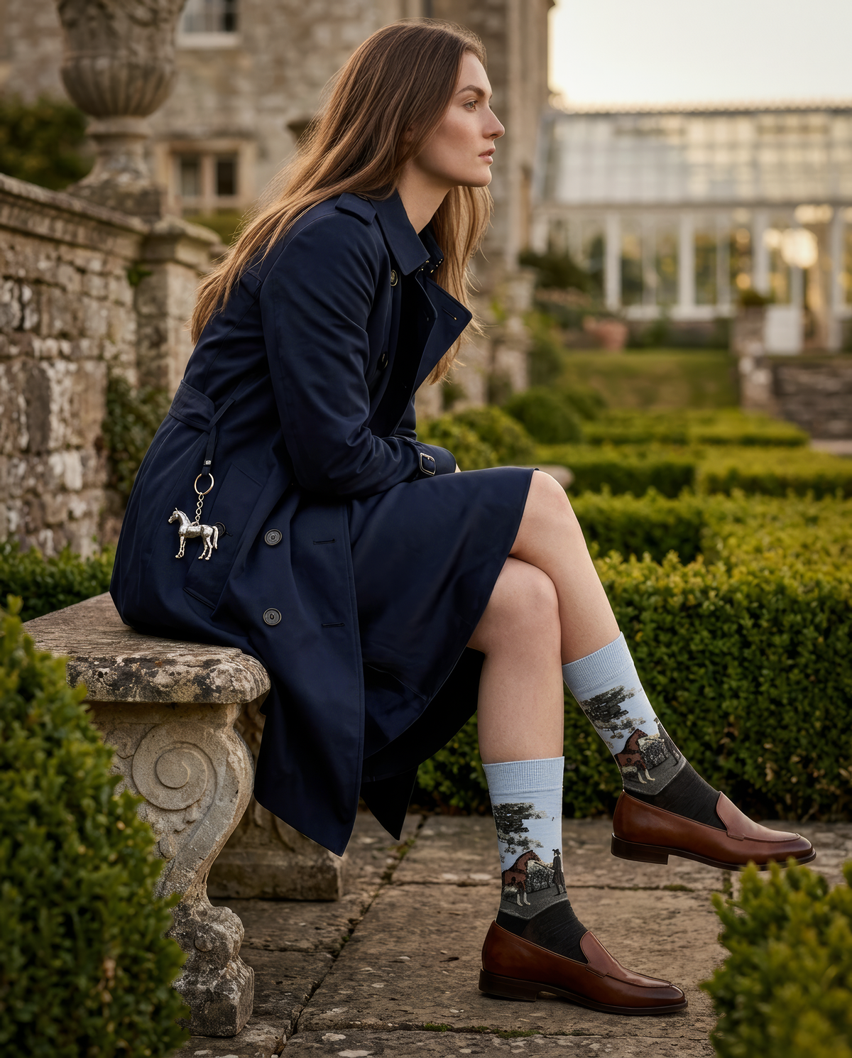 Woman seated in a garden wearing charcoal grey ArtyGifts socks with pale blue cuffs and brown leather shoes.

