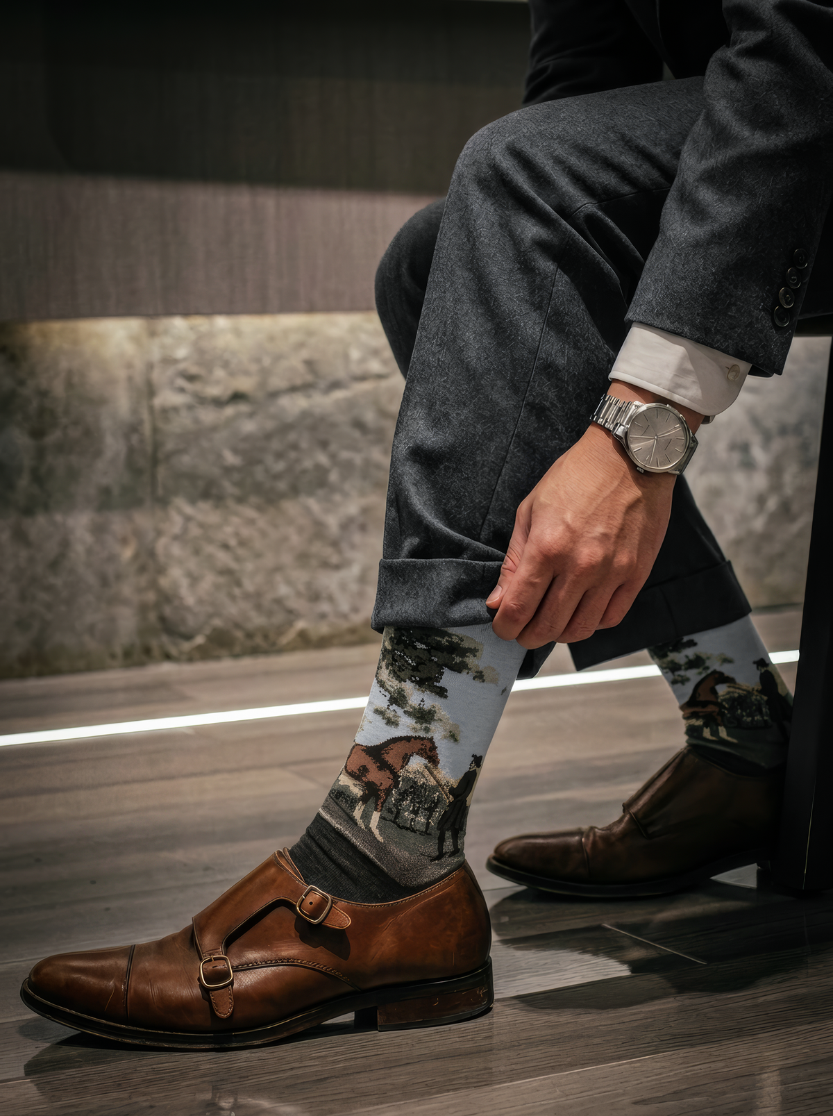 Person adjusting grey trousers to show charcoal grey ArtyGifts socks with pale blue cuffs, paired with brown brogue shoes.