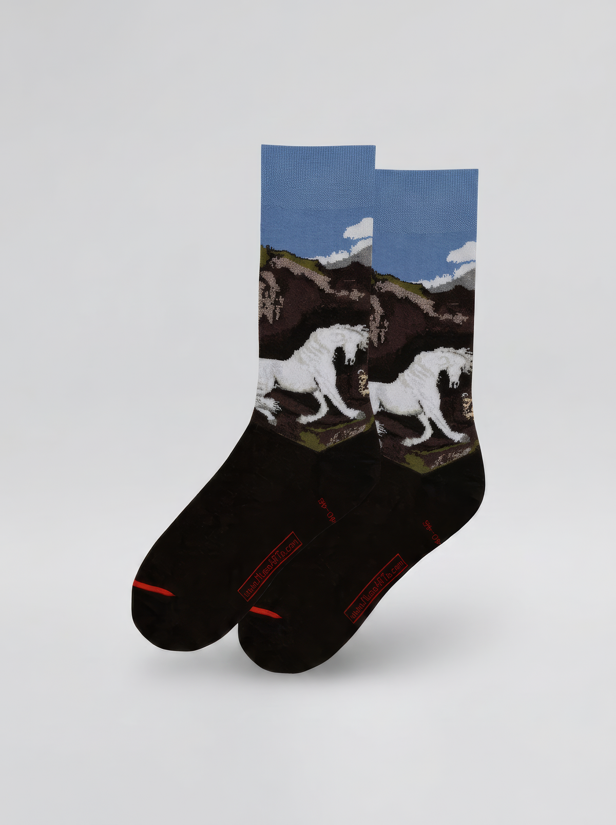 Single charcoal ArtyGifts sock with a pale blue cuff, black-and-white horse print and red toe accent against a white background.

