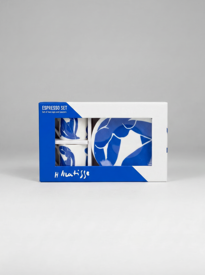 ArtyGifts close-up of gift box for The Blue Figure Matisse espresso set – museum quality gift