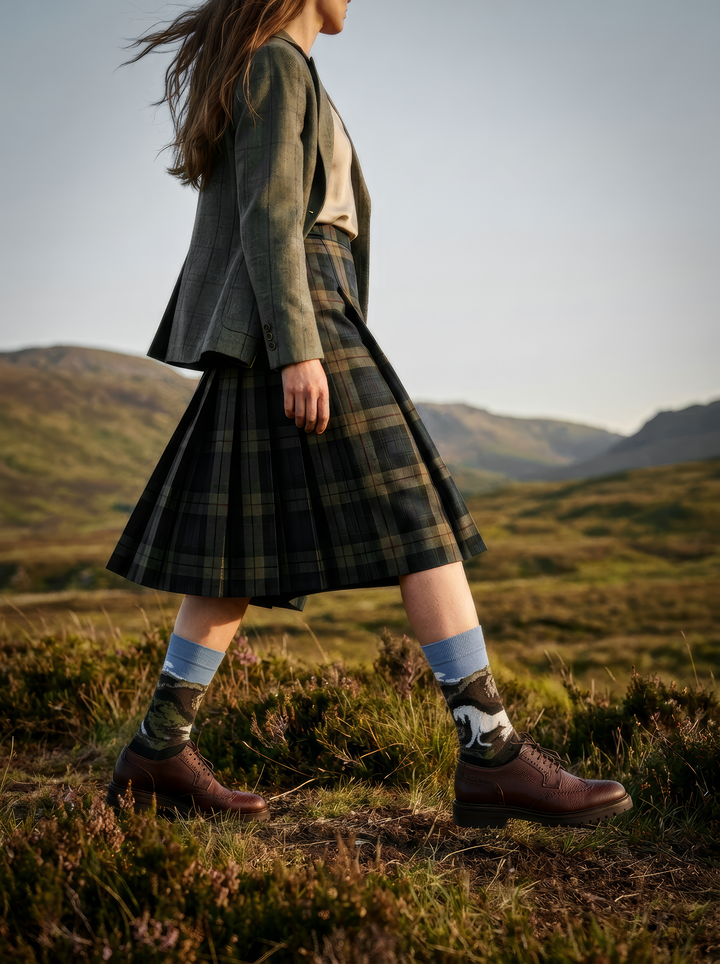 Woman in a dark coat walking through open countryside in charcoal ArtyGifts socks with pale blue cuffs and dark ankle boots.

