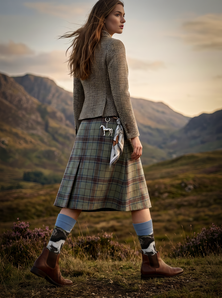 Woman in a long dark coat walking across a grassy landscape in charcoal ArtyGifts socks with pale blue cuffs and dark boots.