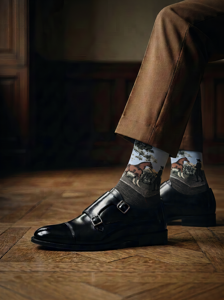 Charcoal grey ArtyGifts horse art socks with pale blue cuffs, styled with tan trousers and black leather shoes on a wooden floor.