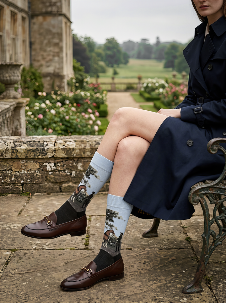Person seated beside a garden wearing charcoal grey ArtyGifts socks with pale blue cuffs and brown brogue shoes.