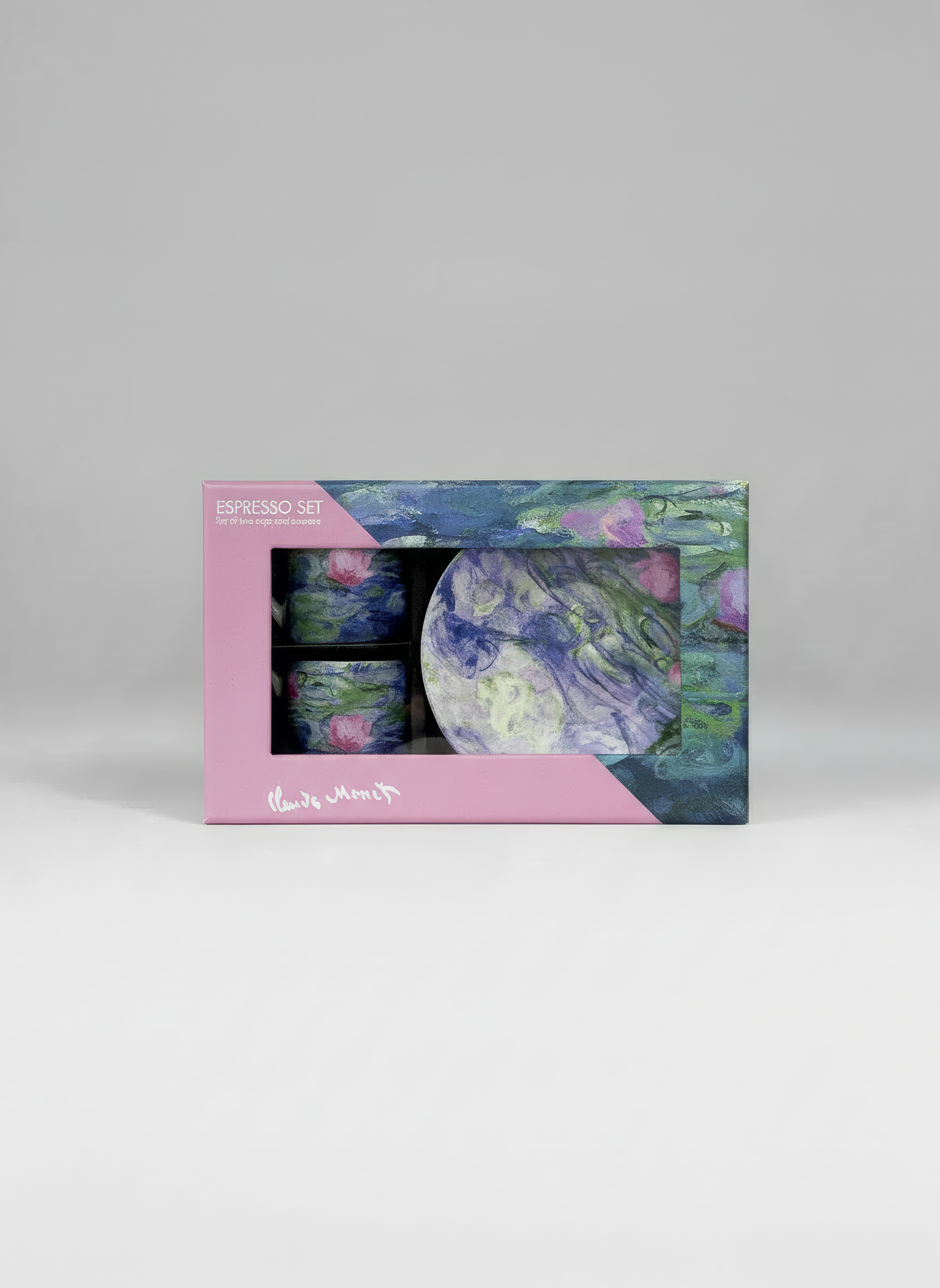 ArtyGifts close-up of pink gift box for Water Lilies Monet espresso set for 2 – museum quality gift