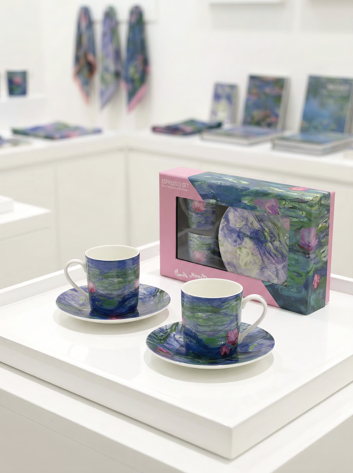 ArtyGifts Water Lilies Monet espresso set for 2 in pink gift box with cups and saucers