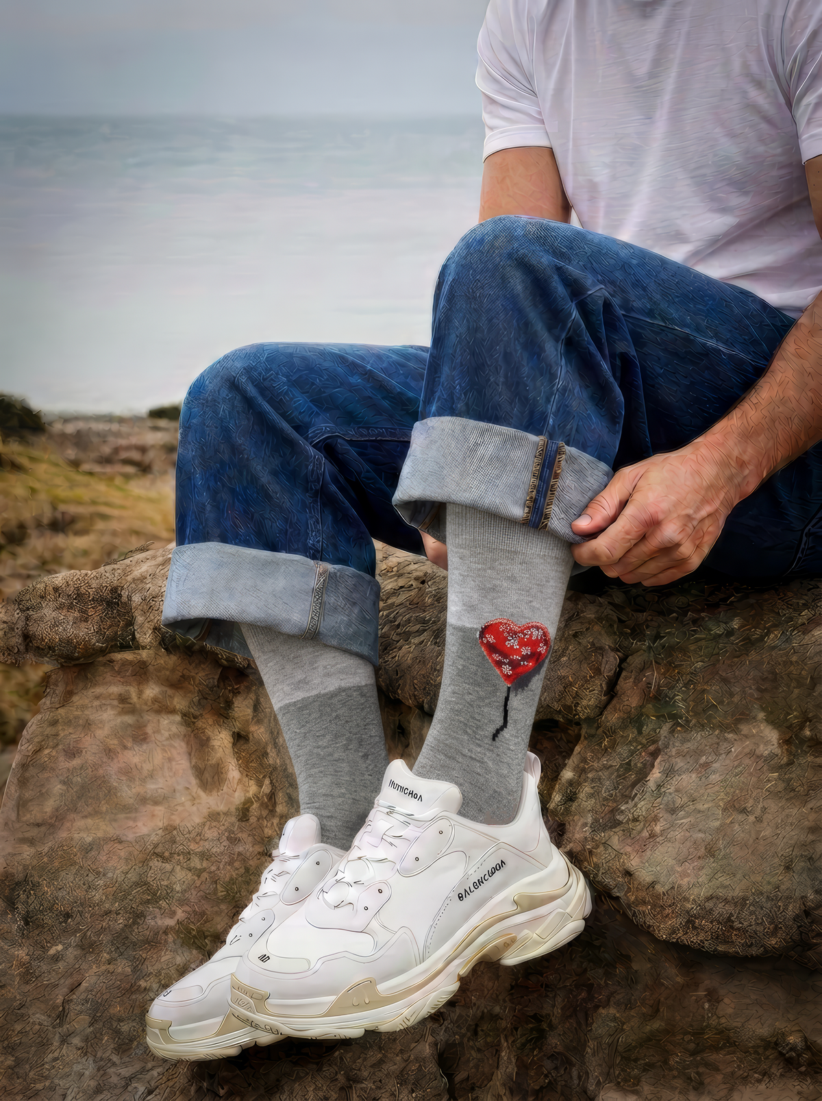 A seated person adjusts grey Bandaged Heart art socks, styled with rolled blue jeans and white trainers outdoors.

