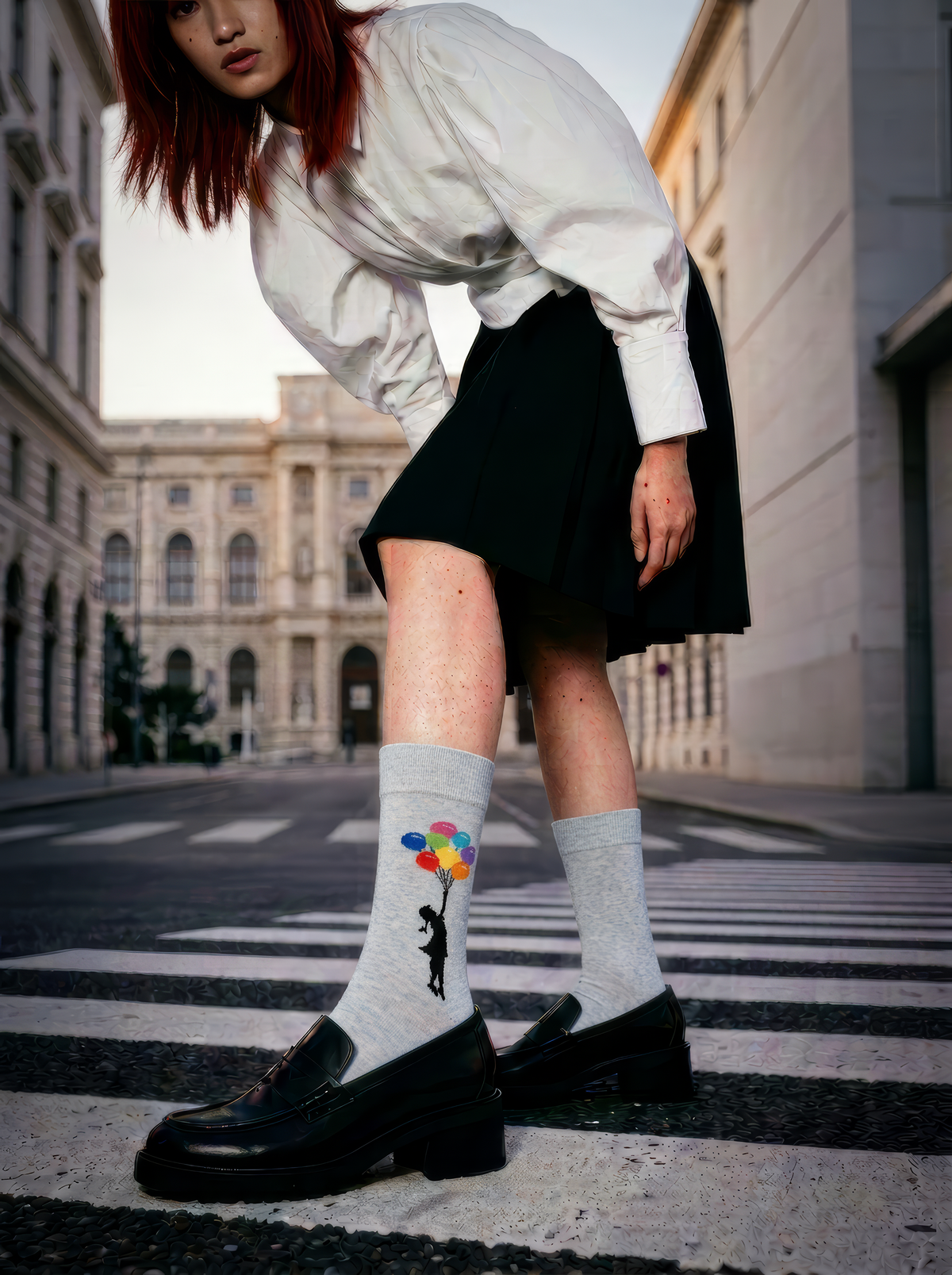 A person wears light grey Banksy-inspired balloon socks with a black skirt and chunky black shoes in an ornate interior.
