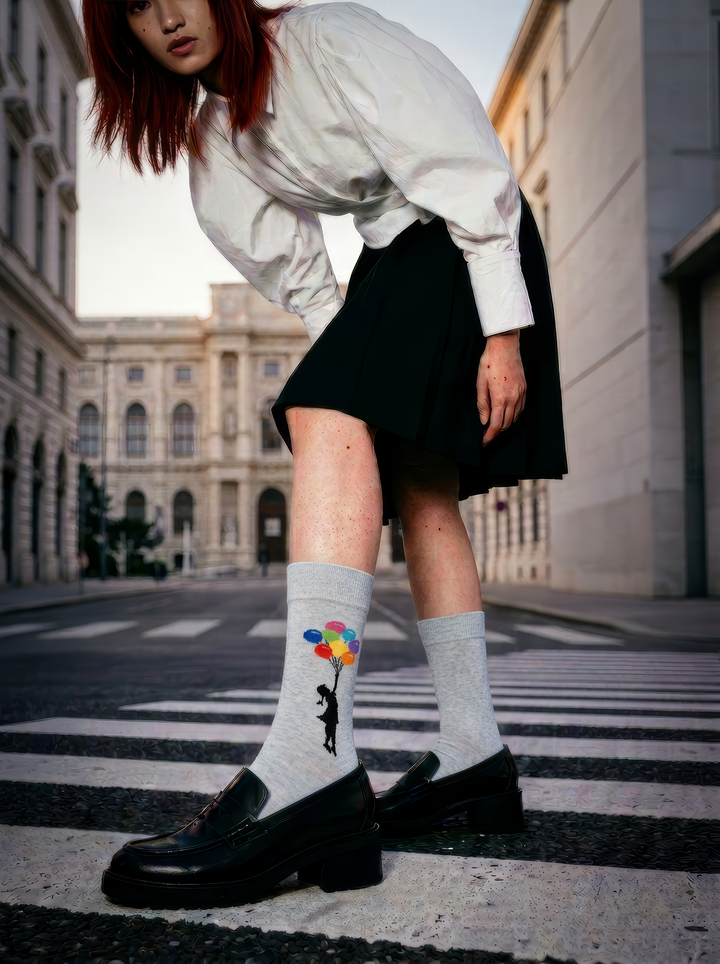 A person wears light grey Banksy-inspired balloon socks with a black skirt and chunky black shoes in an ornate interior.
