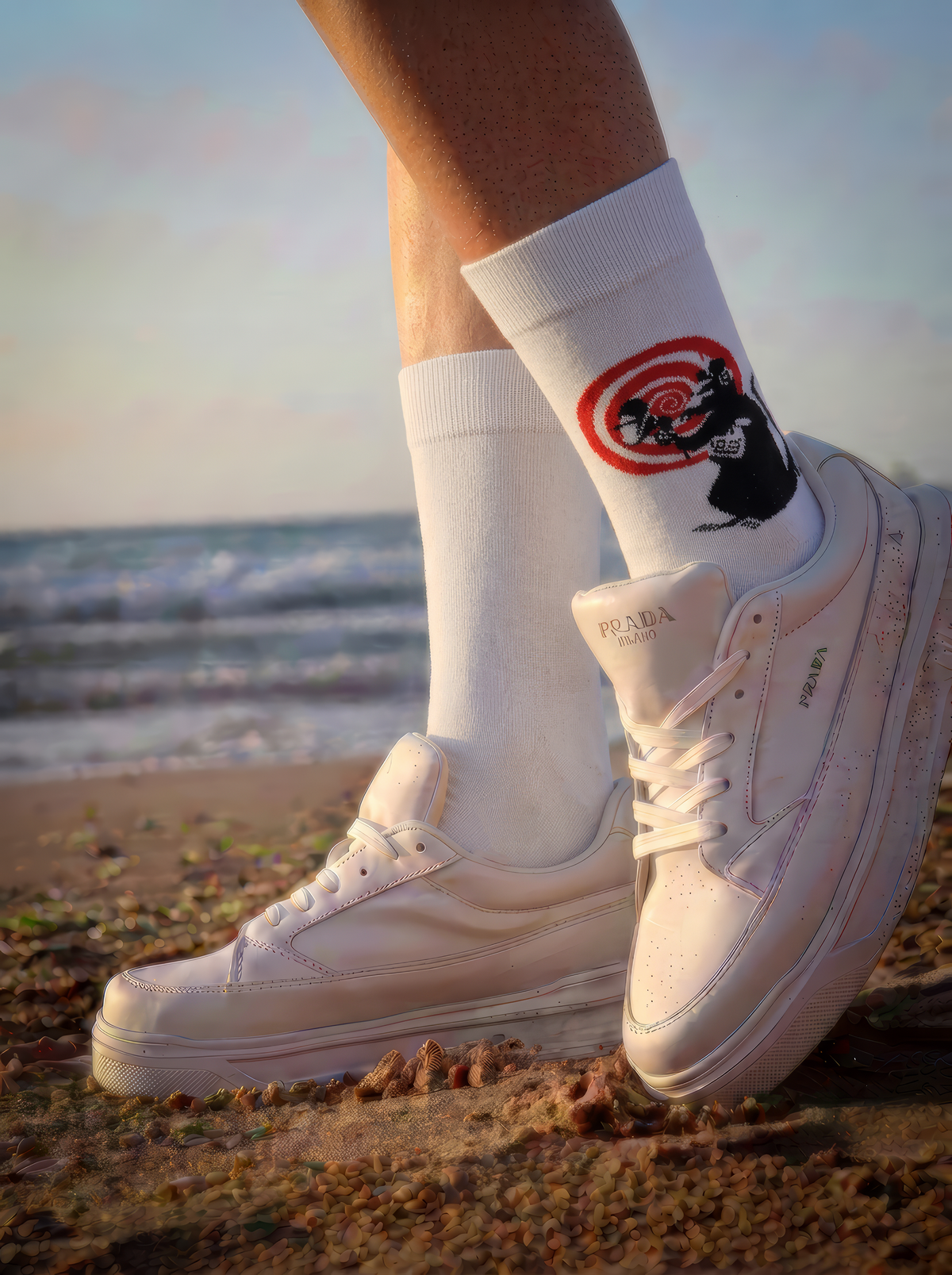 White Banksy-inspired Radar Rat art socks with black and red motifs, worn with white trainers beside the sea in warm sunlight.

