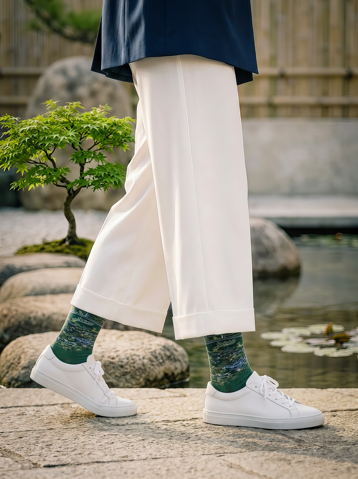 Person wearing green Claude Monet The Japanese Bridge art socks with white trousers and dark shoes on a stone path. Unisex art socks for women and men.