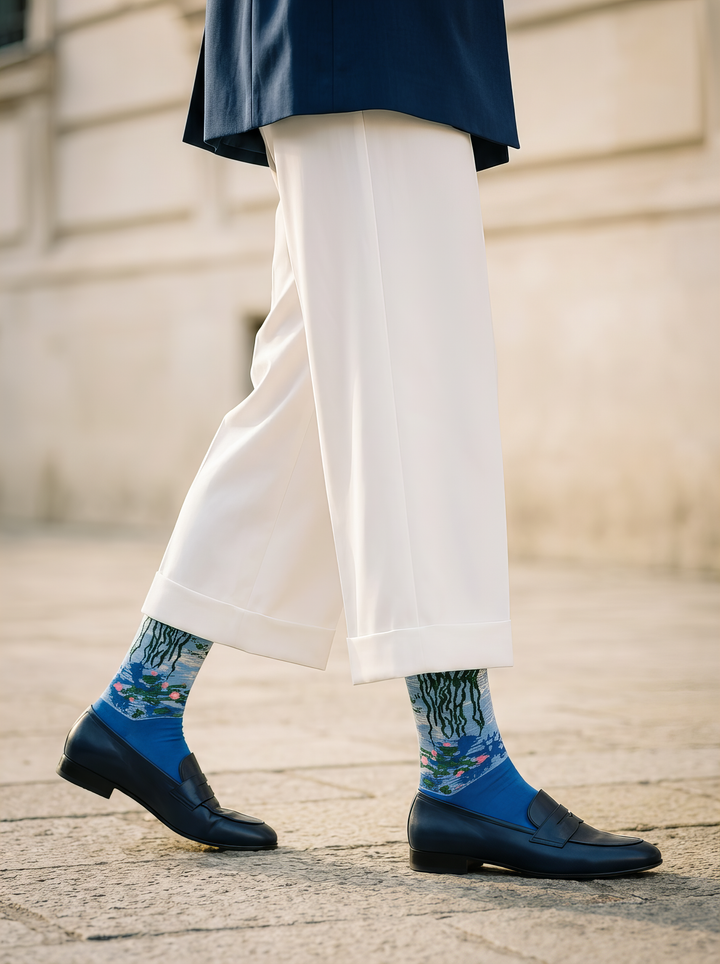 Person wearing blue Claude Monet Water Lilies art socks with white trousers and blue shoes while walking outdoors. A stylish unisex look for men and women.
