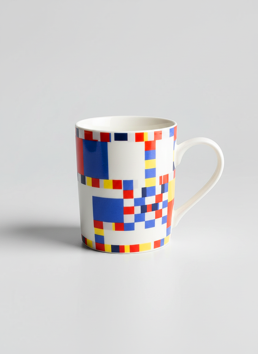 Mondrian Boogie Woogie porcelain mug front view – colorful grid art design, ArtyGifts

