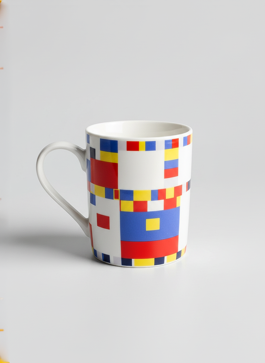 Mondrian Boogie Woogie porcelain mug side view — colorful grid art design, ArtyGifts