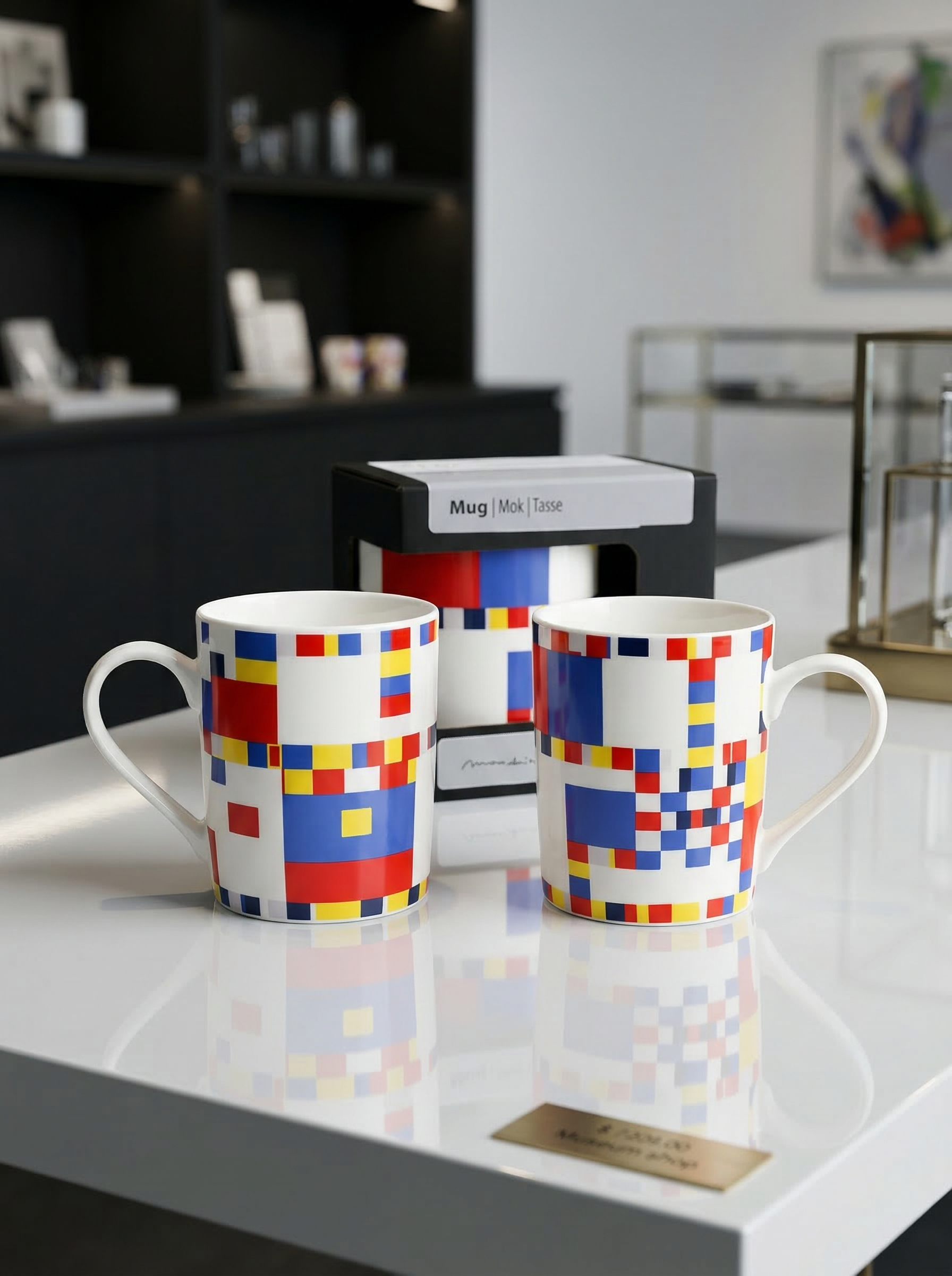 Mondrian Boogie Woogie porcelain mug set – two mugs on dark table, ArtyGifts
