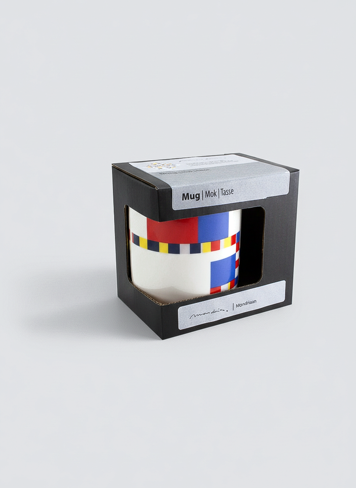 Mondrian Boogie Woogie mug gift box – black eco-friendly packaging, ArtyGifts