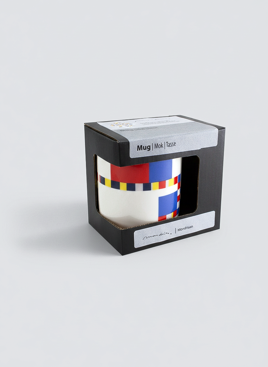 Mondrian Boogie Woogie mug gift box – black eco-friendly packaging, ArtyGifts