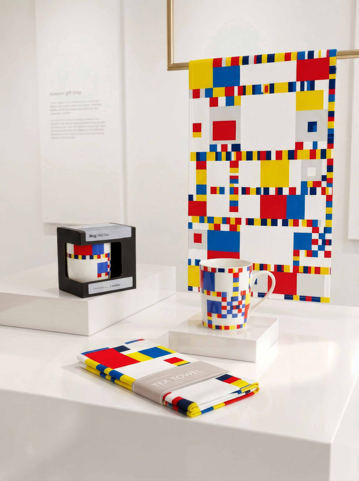 Mondrian museum gift Broadway Boogie Woogie art mug and tea towel gift set lifestyle – museum-licensed Mondrian gift from ArtyGifts

