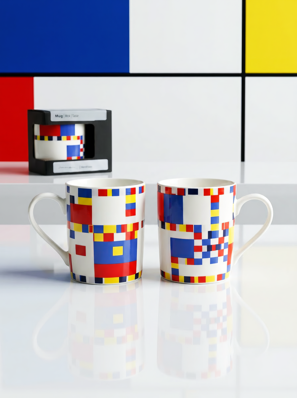 Mondrian museum gift Broadway Boogie Woogie art mug and tea towel in museum setting – premium Mondrian museum gift from ArtyGifts