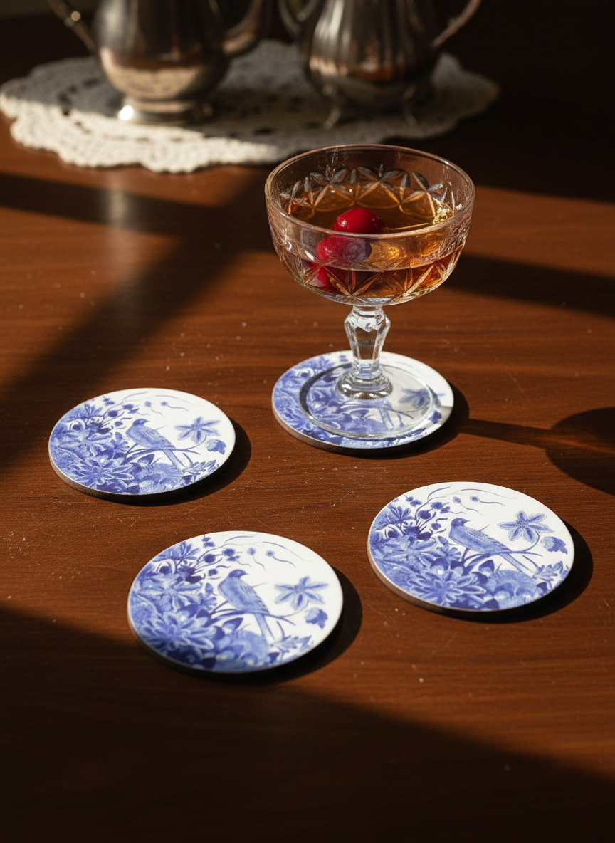 Coaster Set of 4, Delft Blue Birds, Rijksmuseum