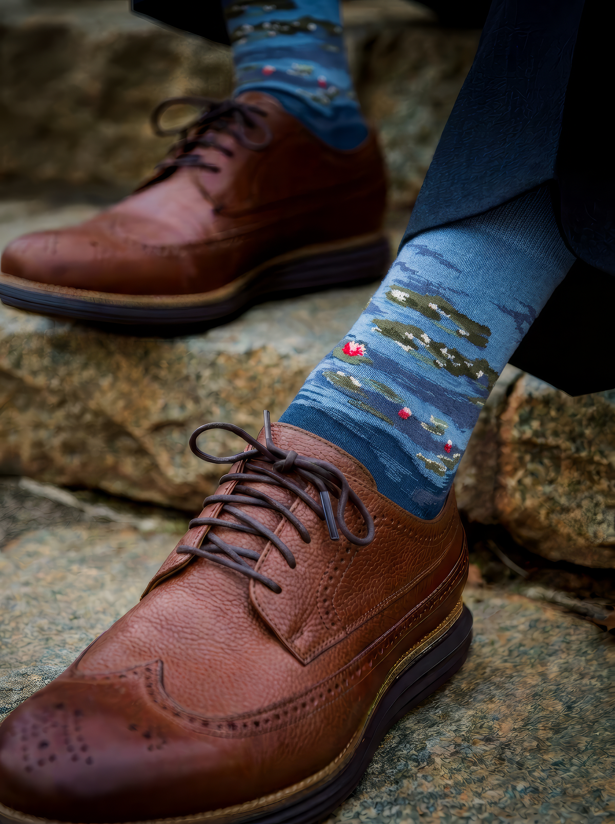 Close-up of blue XL socks featuring Claude Monet’s Water Lilies by Evening Light, worn with brown brogue shoes on a stone surface.
