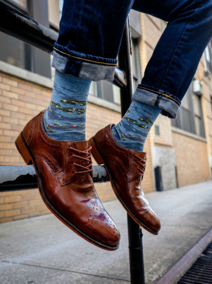 Pair of blue XL socks featuring Claude Monet’s Water Lilies by Evening Light, worn with cuffed dark jeans and brown brogue shoes resting on a metal rail.⠋


