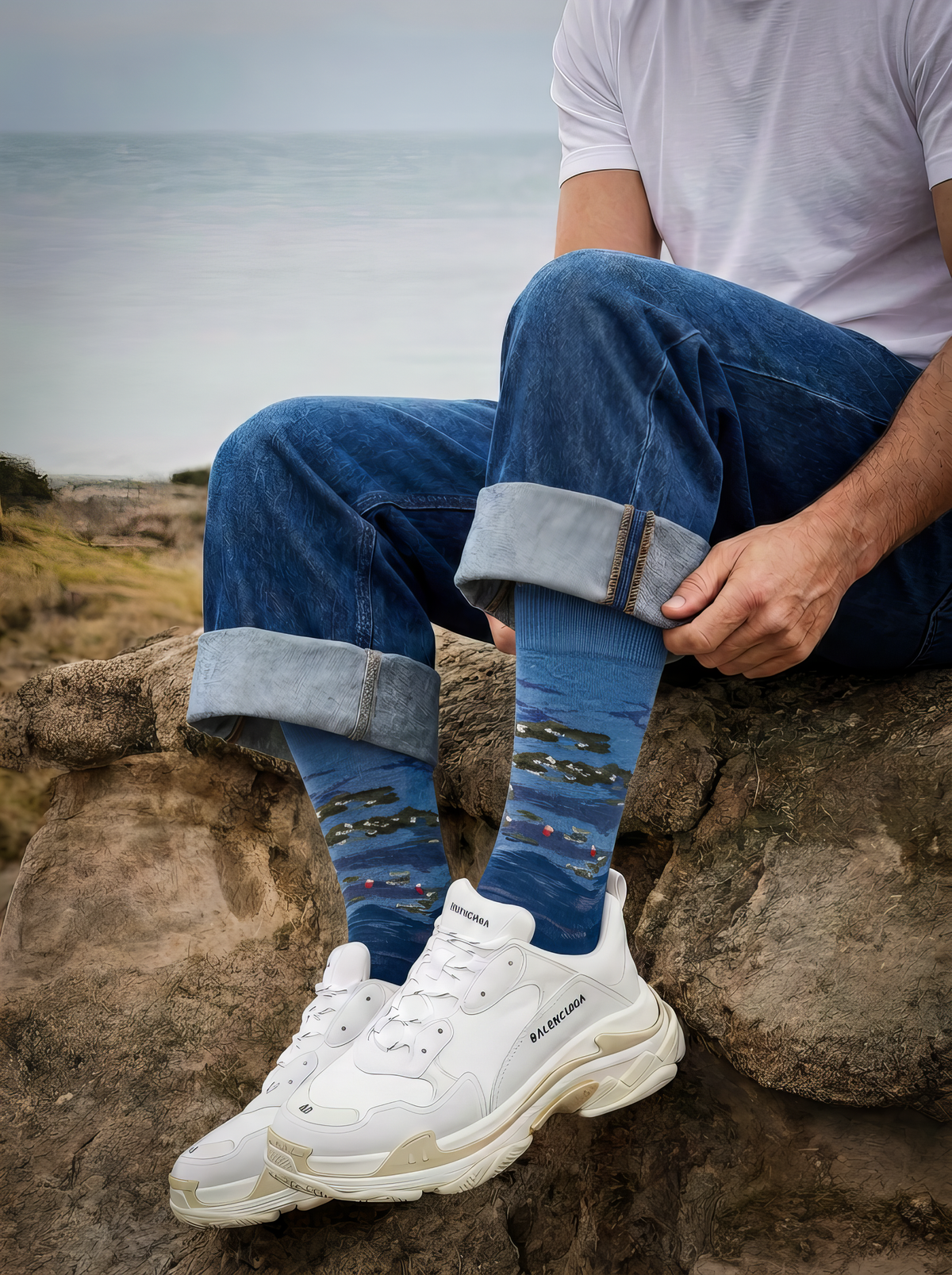 Person seated on coastal rocks adjusting rolled-up jeans to show blue XL socks featuring Claude Monet’s Water Lilies by Evening Light, paired with white sneakers.⠋


