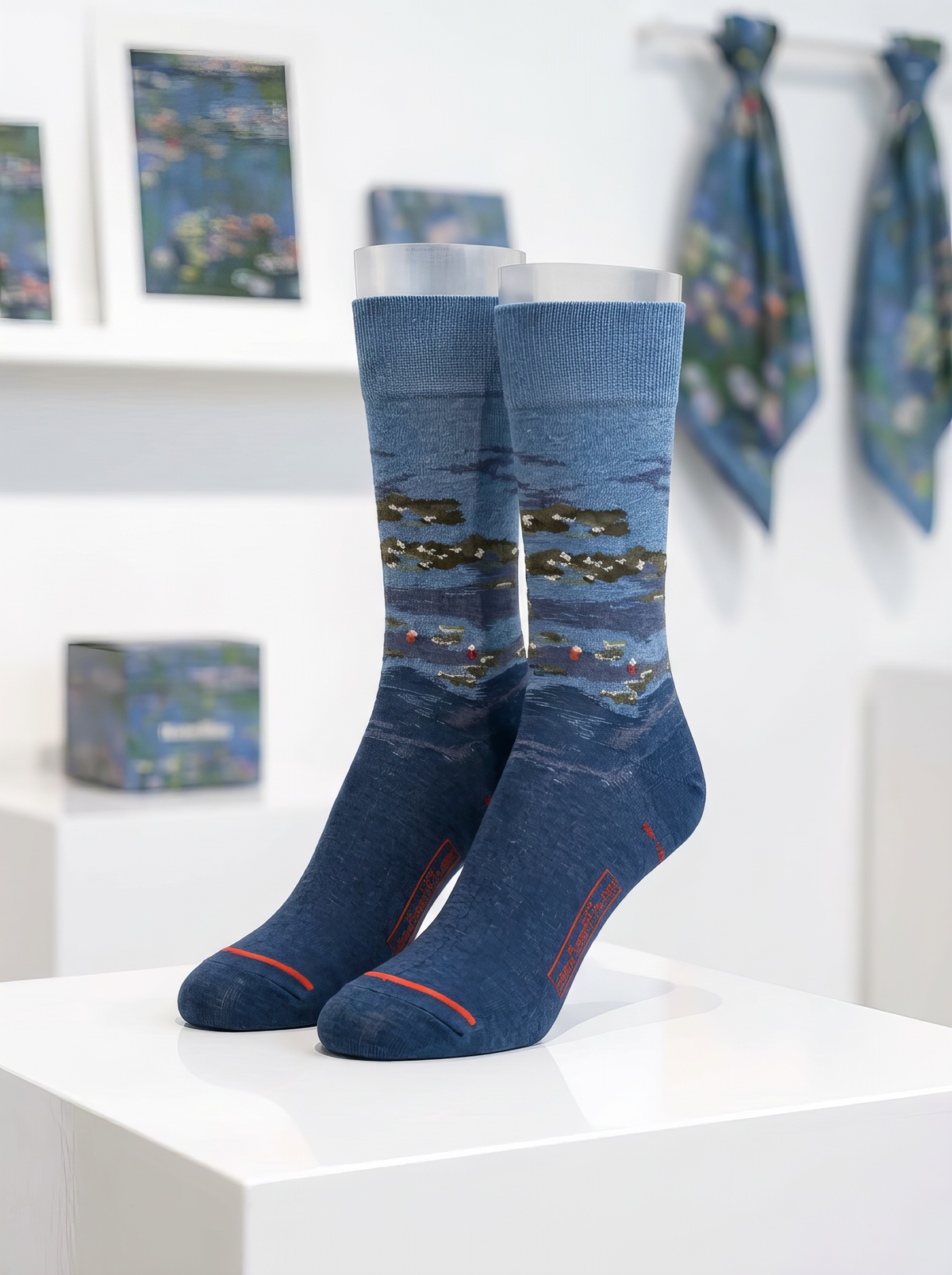 Pair of blue XL crew socks featuring Claude Monet’s Water Lilies by Evening Light, displayed on a white pedestal with framed art prints and patterned ties in the background.⠋