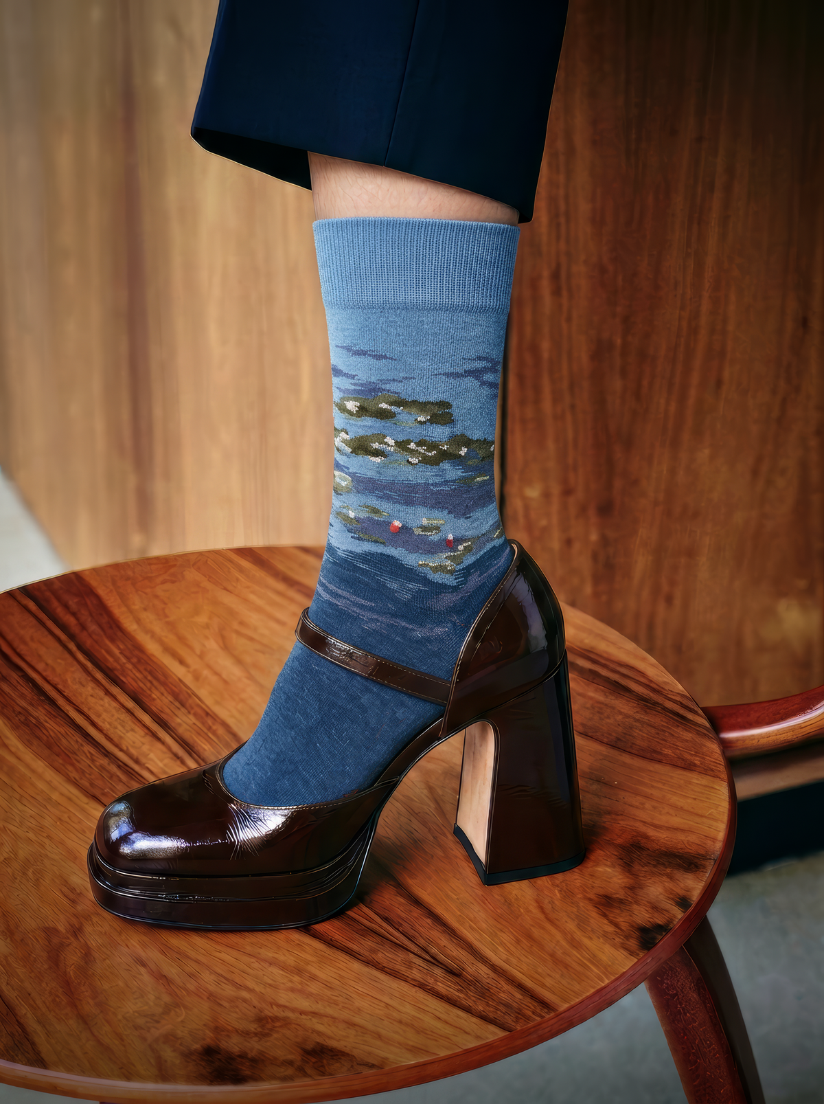 Close-up of a person wearing a blue XL crew sock featuring Claude Monet’s Water Lilies by Evening Light, styled with a dark platform Mary Jane shoe and navy trousers.