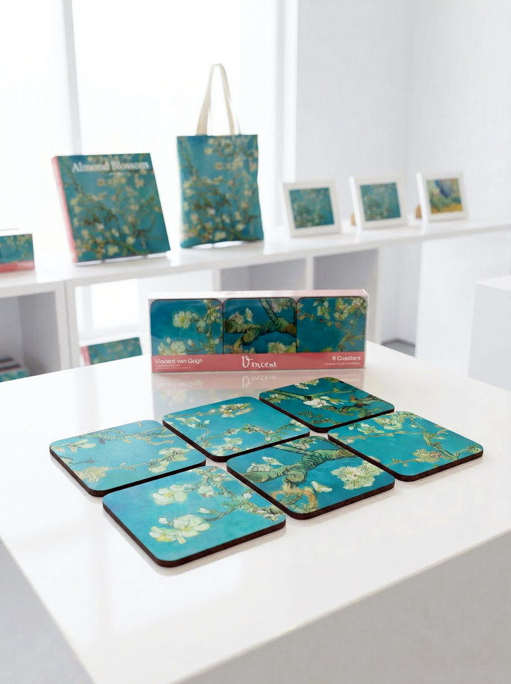 Coaster Set Almond Blossom Vincent van Gogh – art coaster gift in eco-friendly packaging | ArtyGifts
